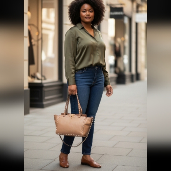 Valentino Garavani Handbags - Valentino Garavani Rock Studded Beige Leather Two Way Bag